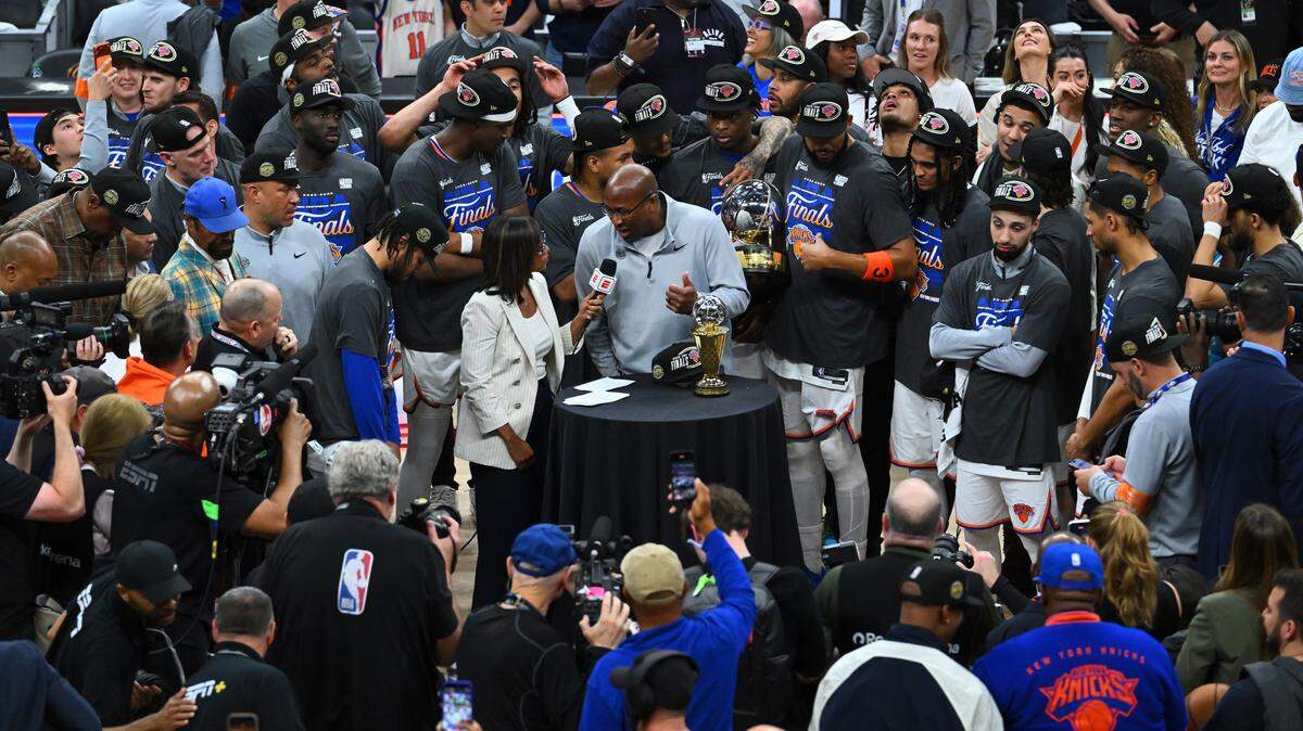 Head coach Mike Brown of the New York Knicks is interviewed after defeating the Cleveland Cavaliers 130-93 in Game Four of the NBA Eastern Conference Finals at Rocket Arena on May 25, 2026 in Cleveland, Ohio.