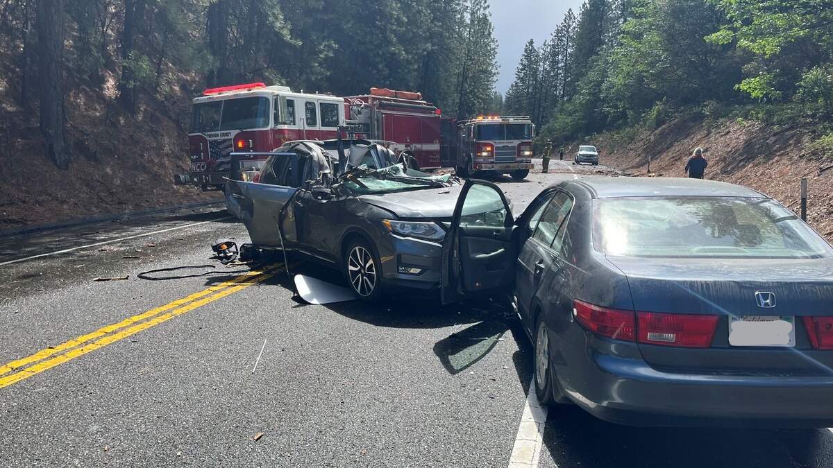 The driver of a Nissan Rogue, a 79-year-old Marysville woman, was killed when a conifer tree fell on top of it and three other vehicles Monday, April 11, 2022, on Highway 49 in Nevada County. Another woman in a Honda Accord was seriously injured.