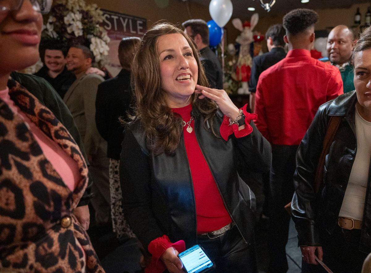 Folsom City Councilwoman Rosario Rodriguez watches early election results at her election night party for a seat on the Sacramento County Board of Supervisors on March 6, 2024, at Bacchus House in Folsom.