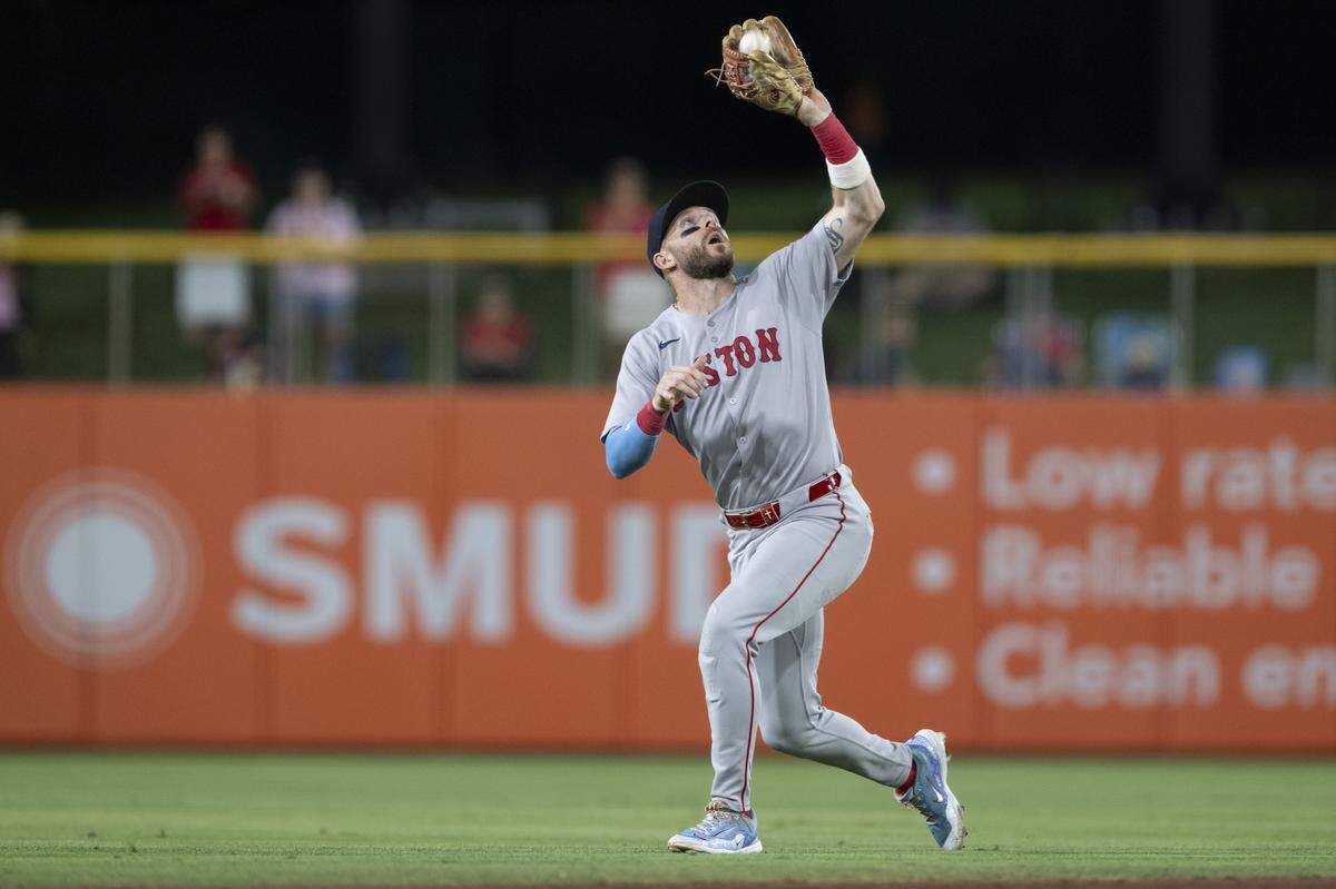 Boston Red Sox shortstop Trevor Story (10) catches a ball during a game between the Athletics and the Red Sox at Sutter Health Park in West Sacramento on Monday, Sept. 8, 2025.