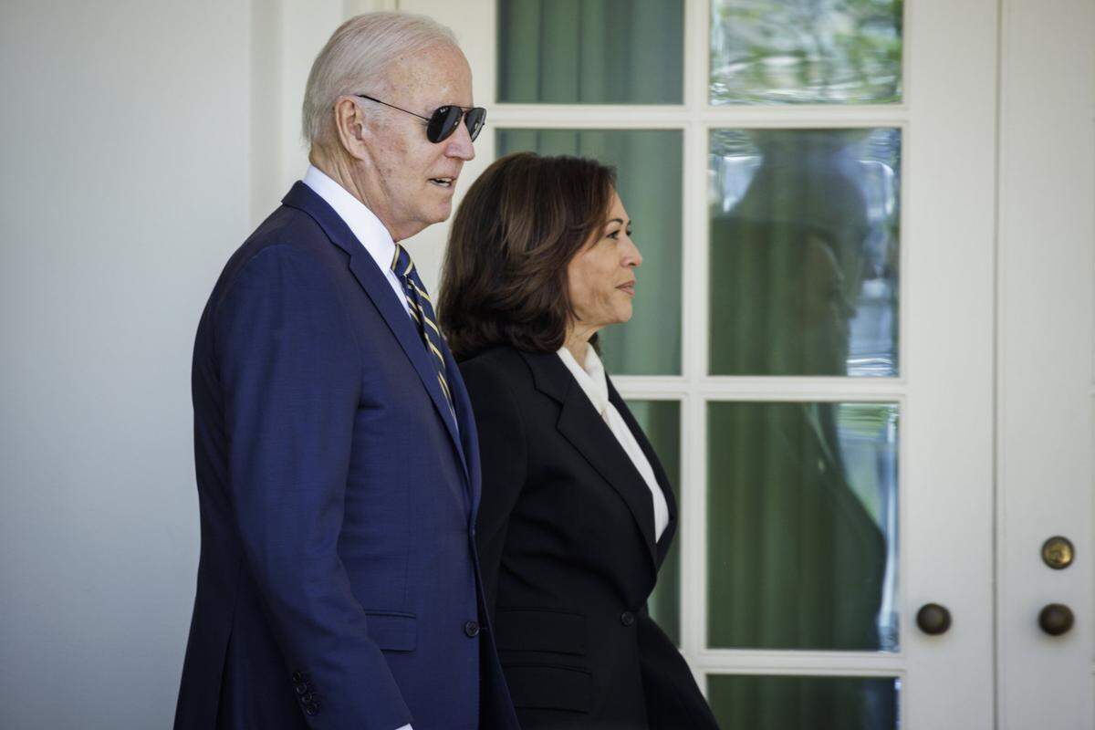 President Joe Biden and Vice President Kamala Harris walk to the Rose Garden where the President will announce his intent to nominate U.S. Air Force General Charles Brown Jr. to serve as the next Chairman of the Joint Chiefs of Staff at the White House on May 25 in Washington, D.C.