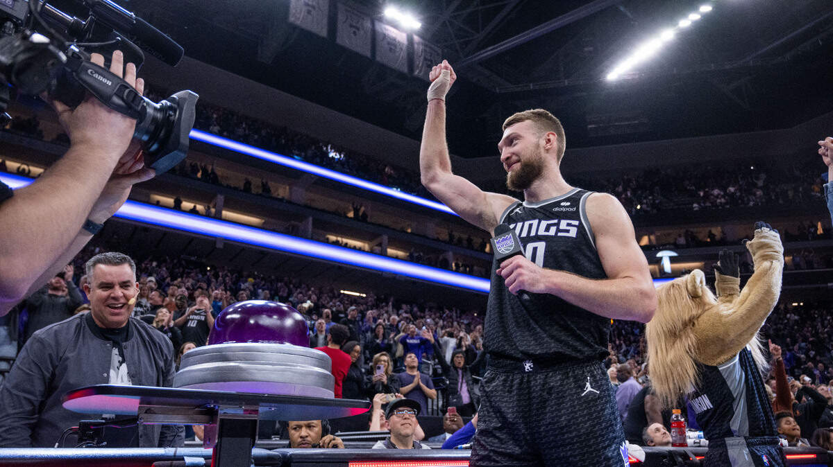 Sacramento Kings forward Domantas Sabonis (10) celebrates his team’s 128-127 victory during an NBA game between the Sacramento Kings and the LA Clippers on Friday, March, 3, 2023 at Golden 1 Center in Sacramento.