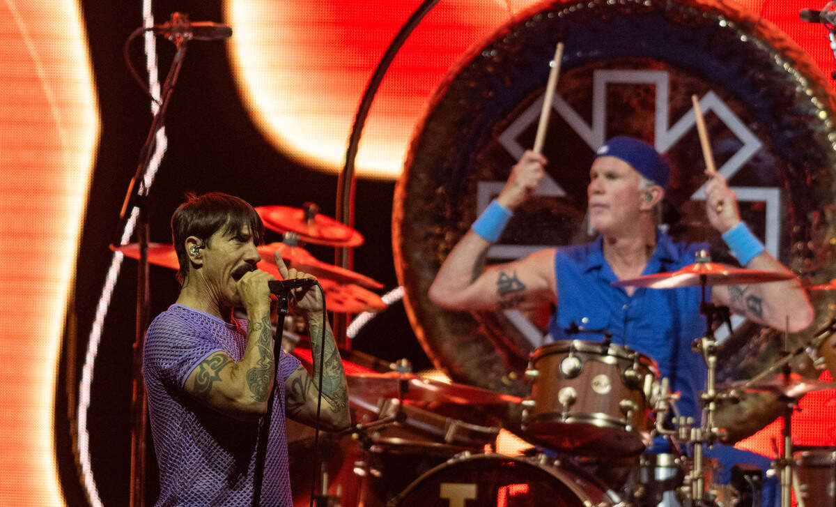 Red Hot Chili Peppers lead singer Anthony Kiedis performs with drummer Chad Smith at the Toyota Amphitheatre near Wheatland on Sunday, June 2, 2024.