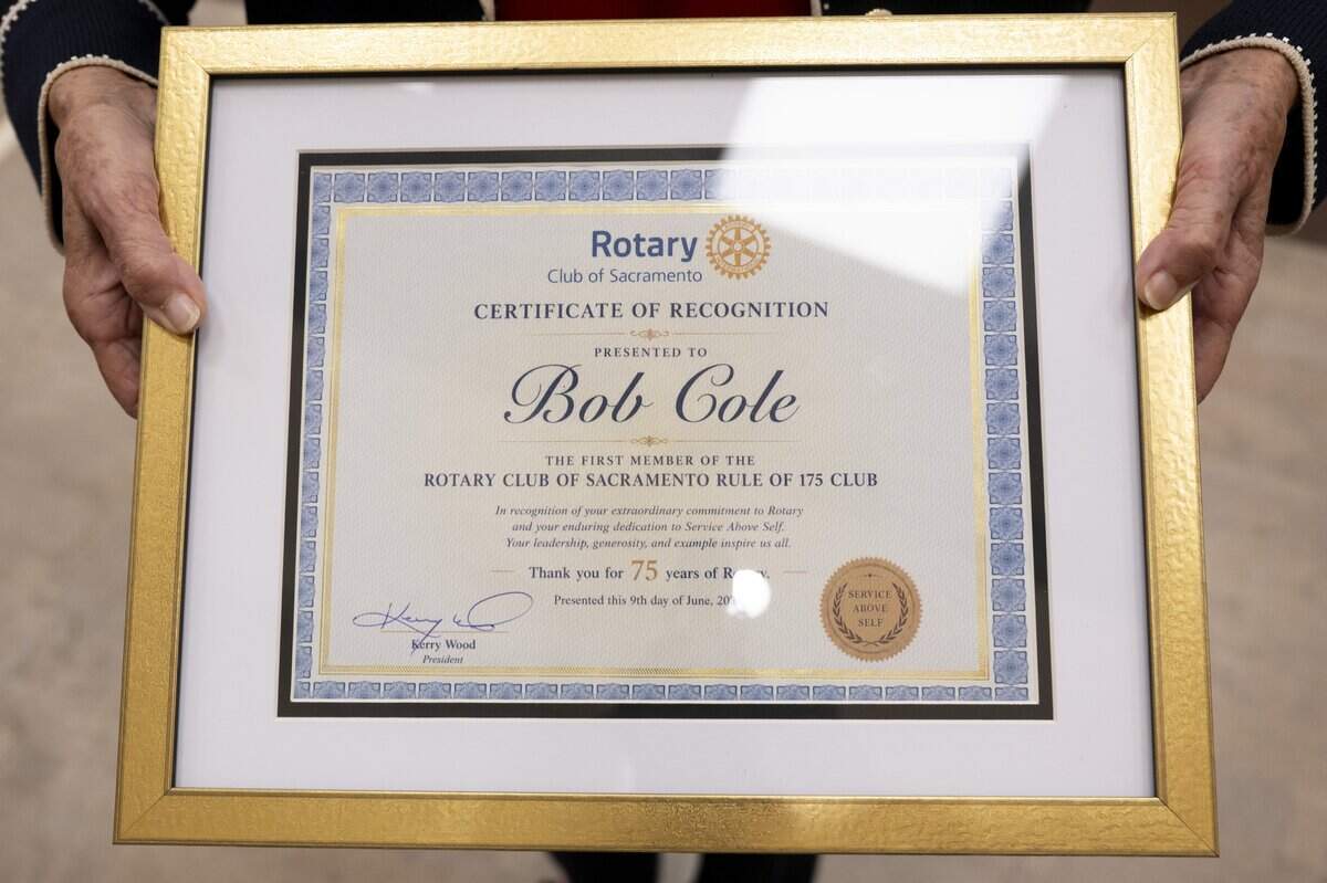 The Sacramento Rotary Club presented a certificate of recognition to former President Bob Cole for 75 years of membership and service on Tuesday.