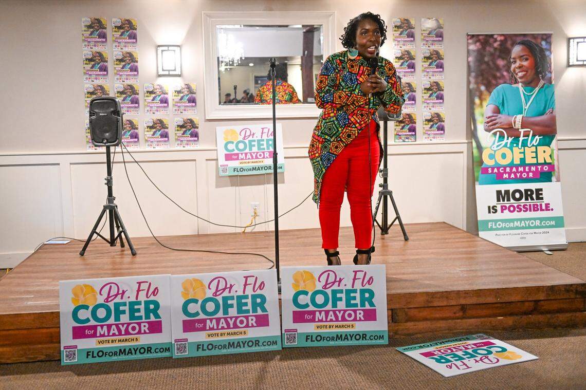 Sacramento mayoral candidate Flojaune Cofer thanks supporters at her election party at Our Place in Old Sacramento on March 5.