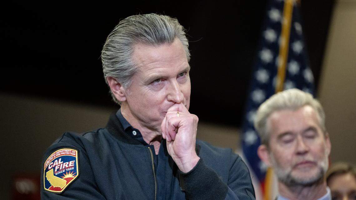 Gov. Gavin Newsom listens to speakers, during a news conference Tuesday, Feb. 10, 2026.