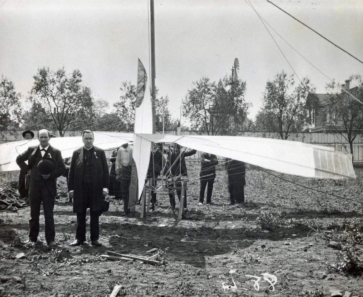 John Montgomery and his cousin, Bishop George Montgomery, stand before a glider at in Santa Clara in April 1905. John Montgomery, a Sutter County native, is viewed by some to be in the Wright Brothers’ pantheon of aviation pioneering.