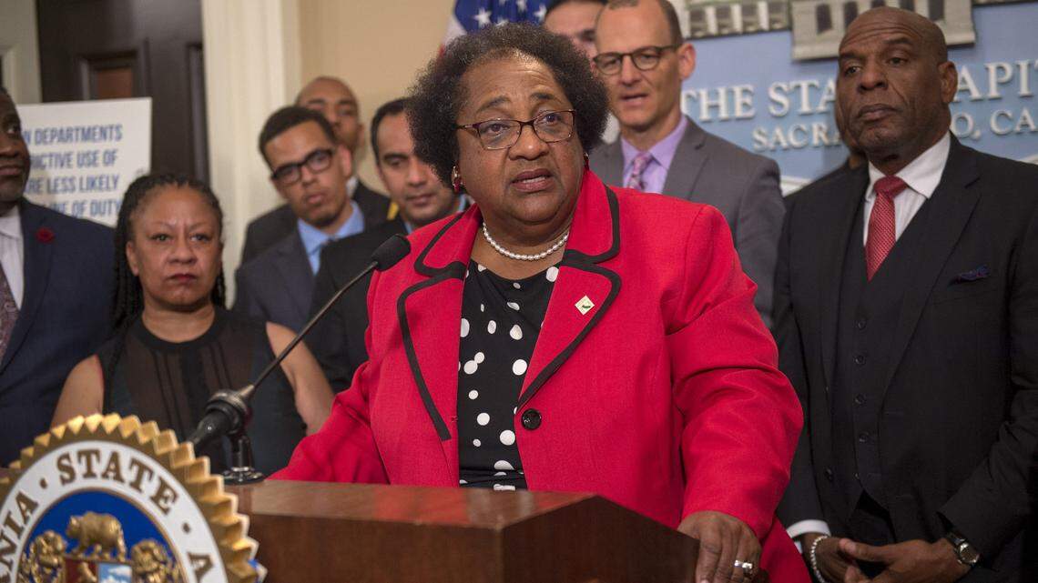 Assemblywoman Shirley Weber listens during a press conference at the Capitol in April. Her bill to change use-of-force standards for police will be heard on Tuesday in the Senate Public Safety Committee.
