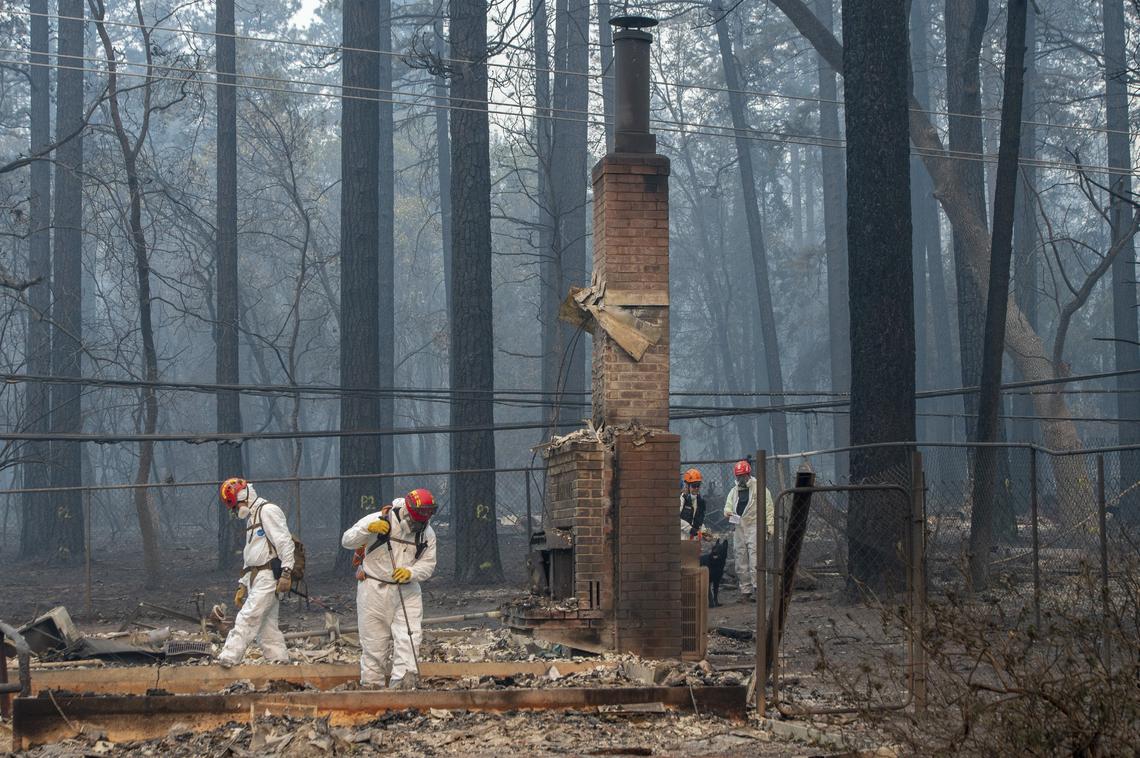 Search and rescue workers use dogs to help look for more than 600 missing from the deadly Camp Fire on Thursday Nov. 15, 2018 in Paradise, Calif.