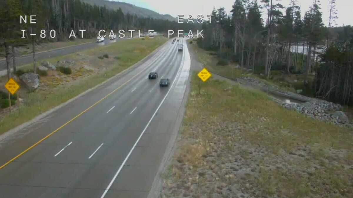 A view of Interstate 80 at Castle Peak near the Placer-Nevada county line on Monday, Aug. 10, 2020, shows the roadway wet from an afternoon storm that was pushing against the western slope of the Sierra. The National Weather Service urged caution for motorists, forecasting the possibility of hail.