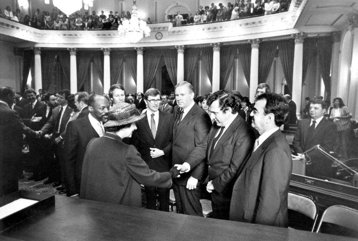 Queen Elizabeth II greets members of state Assembly of the Capitol on March 4, 1983.