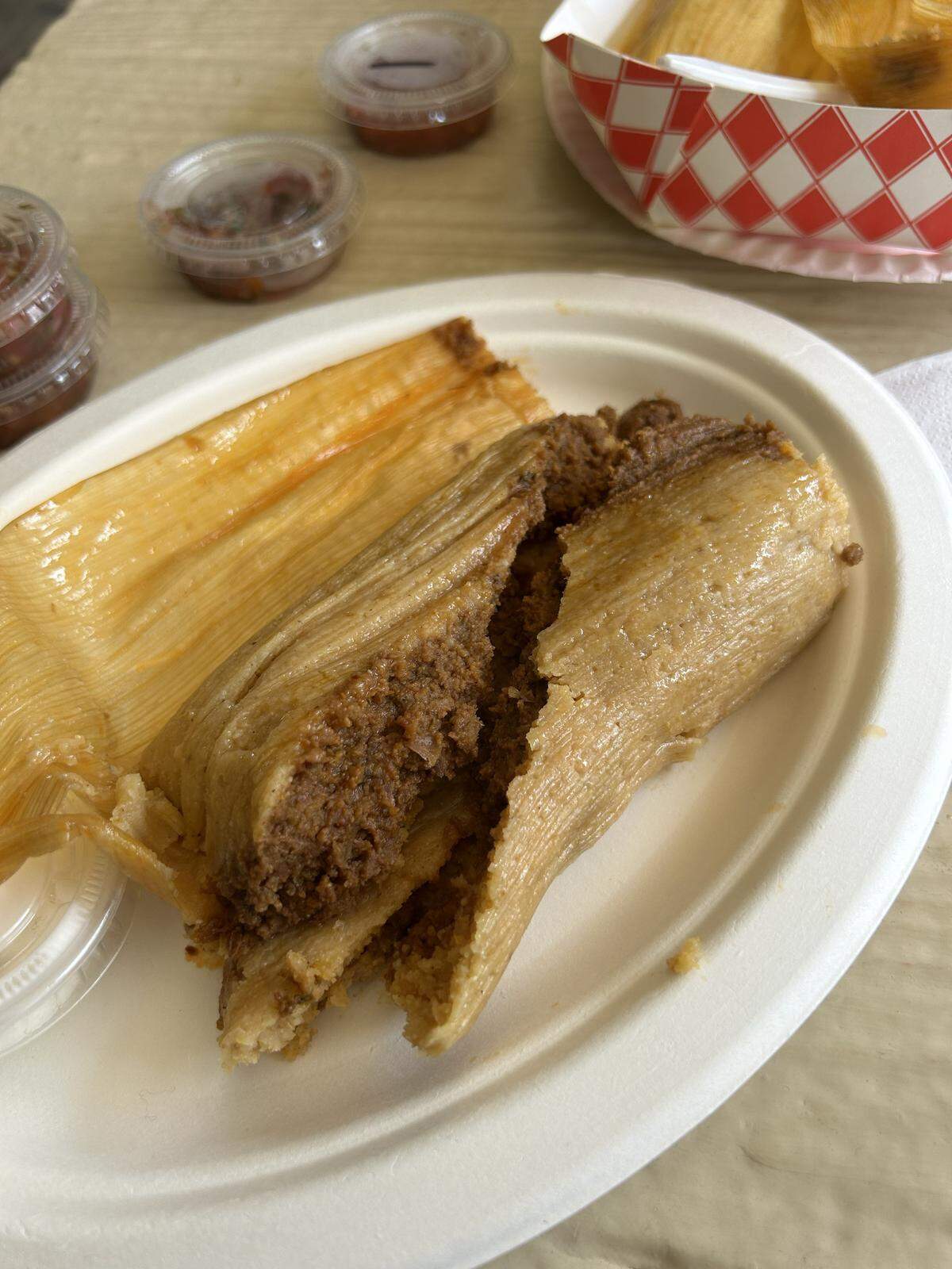 Emma’s Tamales serves more than a dozen different flavors of tamales, including this half-pound savory tamale. 