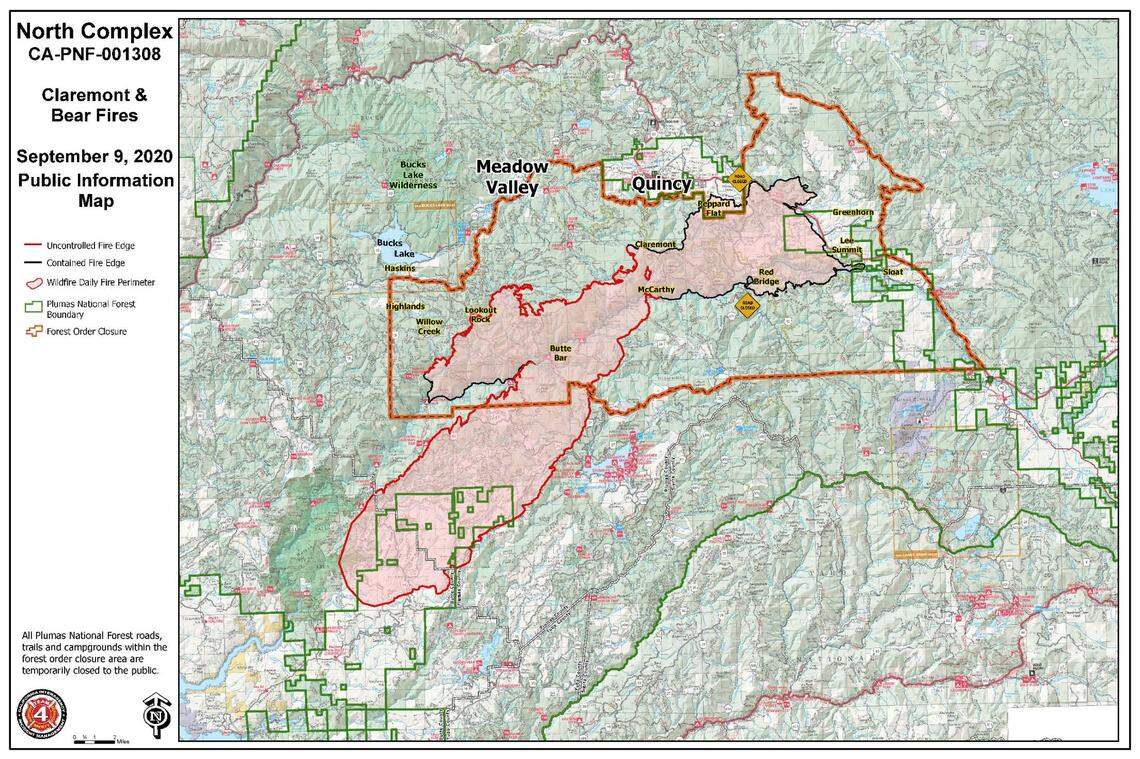 An information map for the North Complex of wildfires, including the Bear Fire, for the morning of Wednesday, September 9, 2020.
