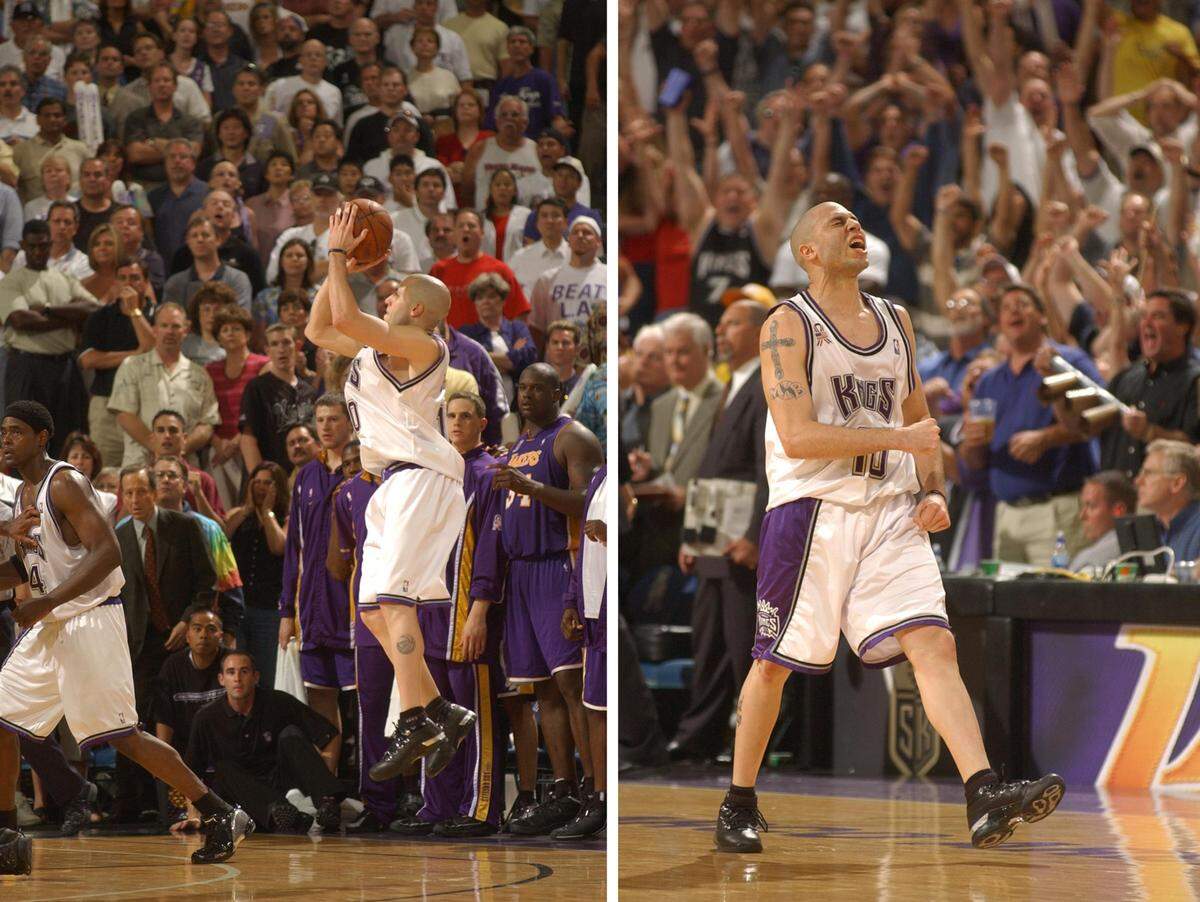 Mike Bibby shoots, left photo, and then celebrates a clutch two pointer to give the Kings the lead in the fourth quarter of Game Five of the NBA Western Conference Finals between the Sacramento Kings and the Los Angeles Lakers at Arco Arena, Tuesday, May 28, 2002.