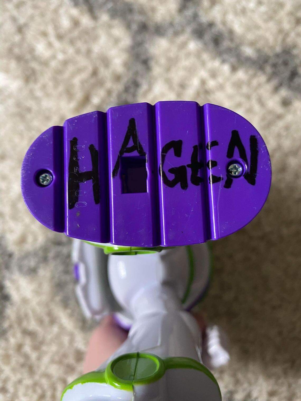 Hagen’s name was written on the boot of the Buzz Lightyear toy.