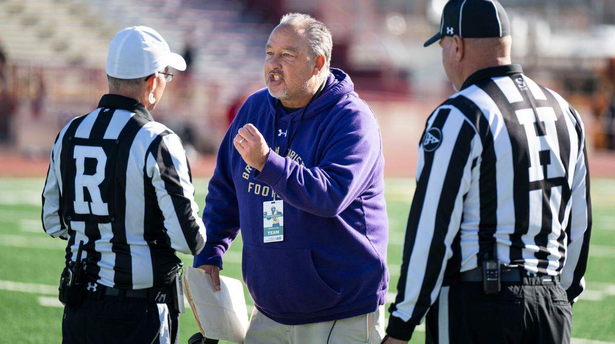 Bradshaw Christian coach Drew Rickert argues a chop-block penalty in the first half of the Sac-Joaquin Section Division VI championship game against Sonora at Hughes Stadium in Sacramento on Friday, Nov. 29, 2024. Rickert would be ejected in the second half arguing a similar call.