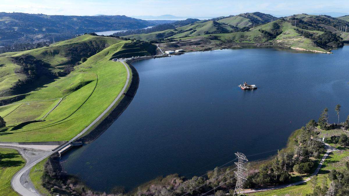 An aerial view of the Briones Reservoir in Orinda in 2024.