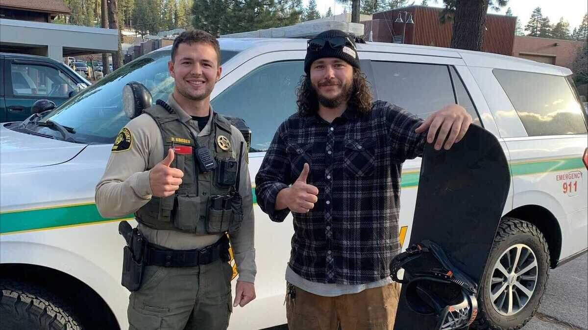 Deputy Damian Norden is pictured in an undated photo with the owner of a snowboard, which was stolen in January at Boreal Mountain ski resort in Soda Springs.