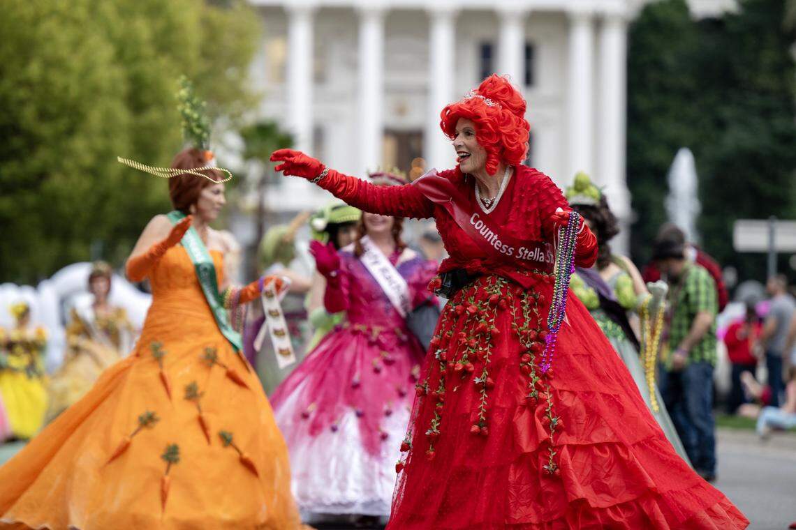 Countess Stella and the krewe from Agricultural Aristocracy march on Capitol Mall during the City of Trees Parade on Saturday, Feb. 28, 2026.