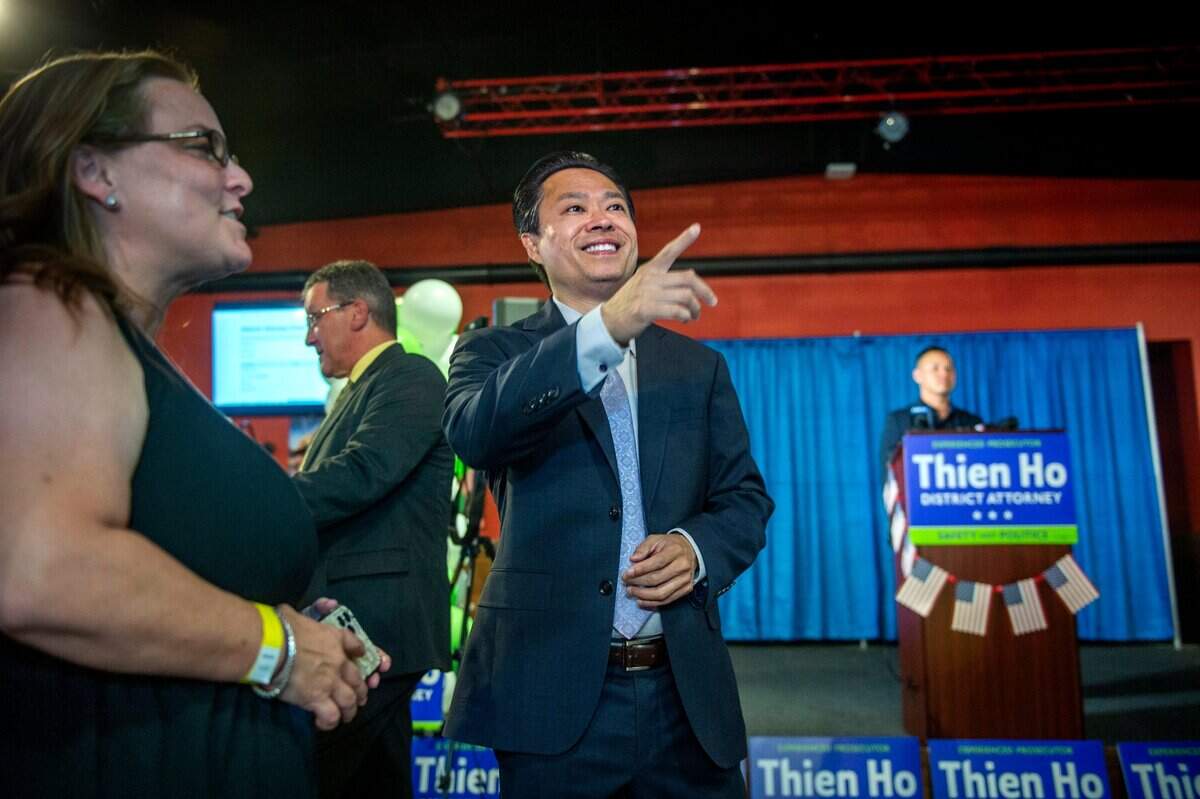 Thien Ho, Assistant Chief Deputy District Attorney a candidate for Sacramento County District Attorney celebrates his lede at his campaign party on Tuesday, June 7, 2022 at Rock & Brews Restaurant in Sacramento.