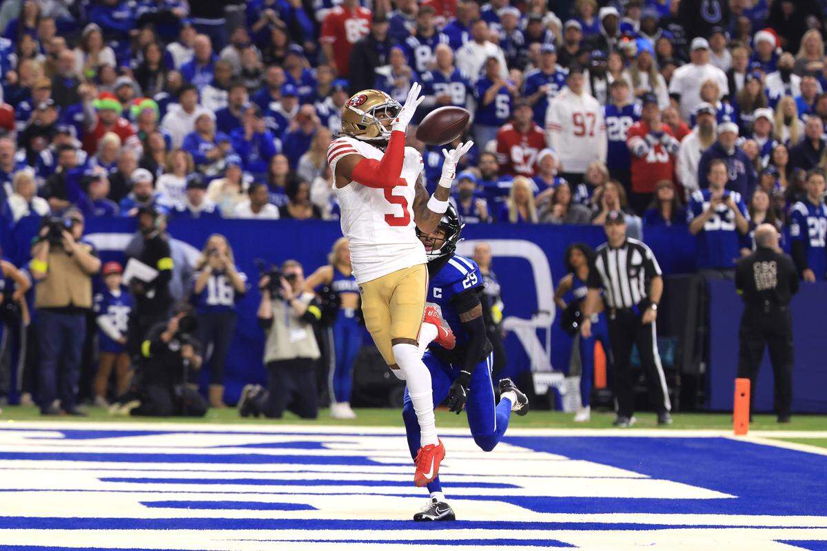 INDIANAPOLIS, INDIANA - DECEMBER 22: Demarcus Robinson #5 of the San Francisco 49ers catches a pass for a touchdown during the first quarter of the game against the Indianapolis Colts at Lucas Oil Stadium on December 22, 2025 in Indianapolis, Indiana. (Photo by Justin Casterline/Getty Images)