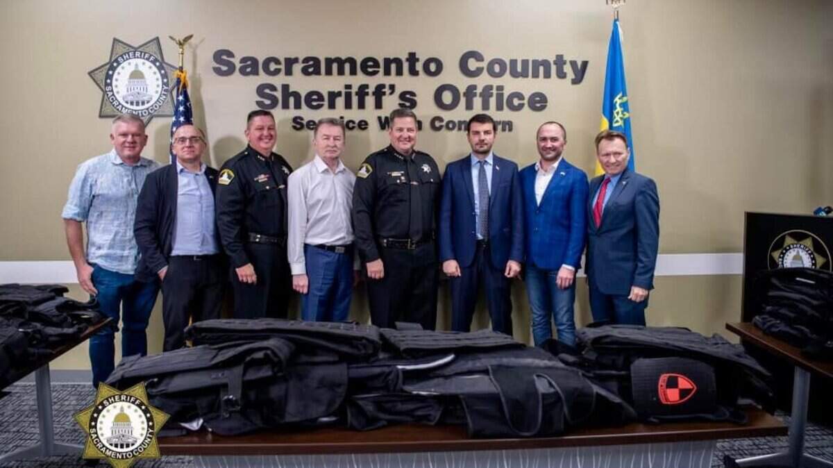 Sacramento County sheriff Scott Jones and undersheriff Jim Barnes donated 136 ballistic vests to Consul General Dmytro Kushneruk from the Consulate General of Ukraine in San Francisco to aid in the Ukrainian War effort on Friday.