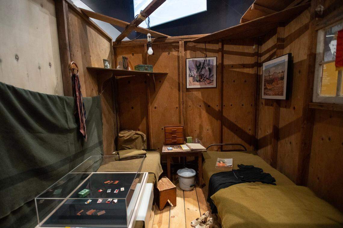 A recreation of the living quarters of an incarceration camp is displayed at the “Uprooted: An American Story” exhibition at the California Museum in Sacramento on Feb. 28.