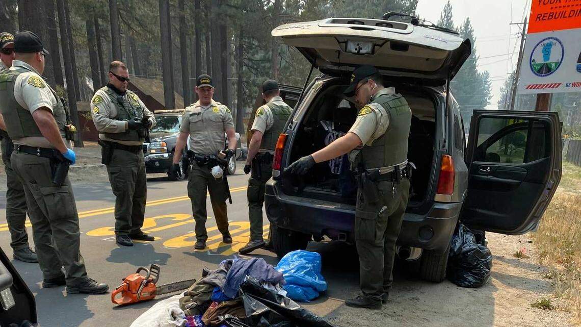 Santa Barbara County Sheriff’s Office deputies on Wednesday, Sept. 1, 2021, seized property and arrested two men suspected of stealing from homes evacuated because of the Caldor Fire in South Lake Tahoe, California.