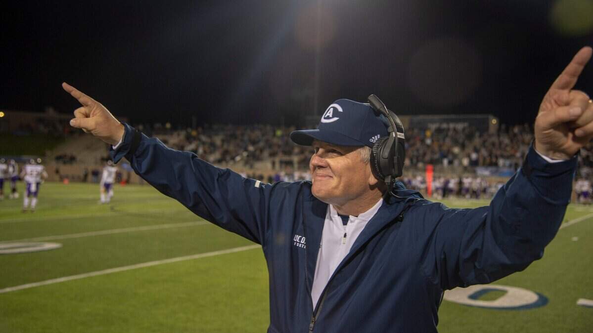 UC Davis football coach Dan Hawkins celebrates defeating the Northern Iowa Panthers at Aggie Stadium at UC Davis in 2018.