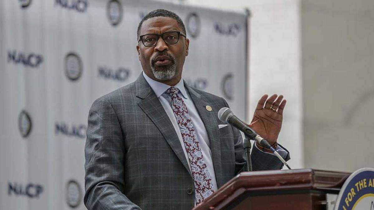 Derrick Johnson, president and CEO of the NAACP, speaks in 2019 during the organization’s 110th National Convention in Detroit. Johnson said the national office was betrayed by rogue Sacramento chapter leaders and launched its own investigation into the COVID-era meals program, later supporting the removal of those involved.