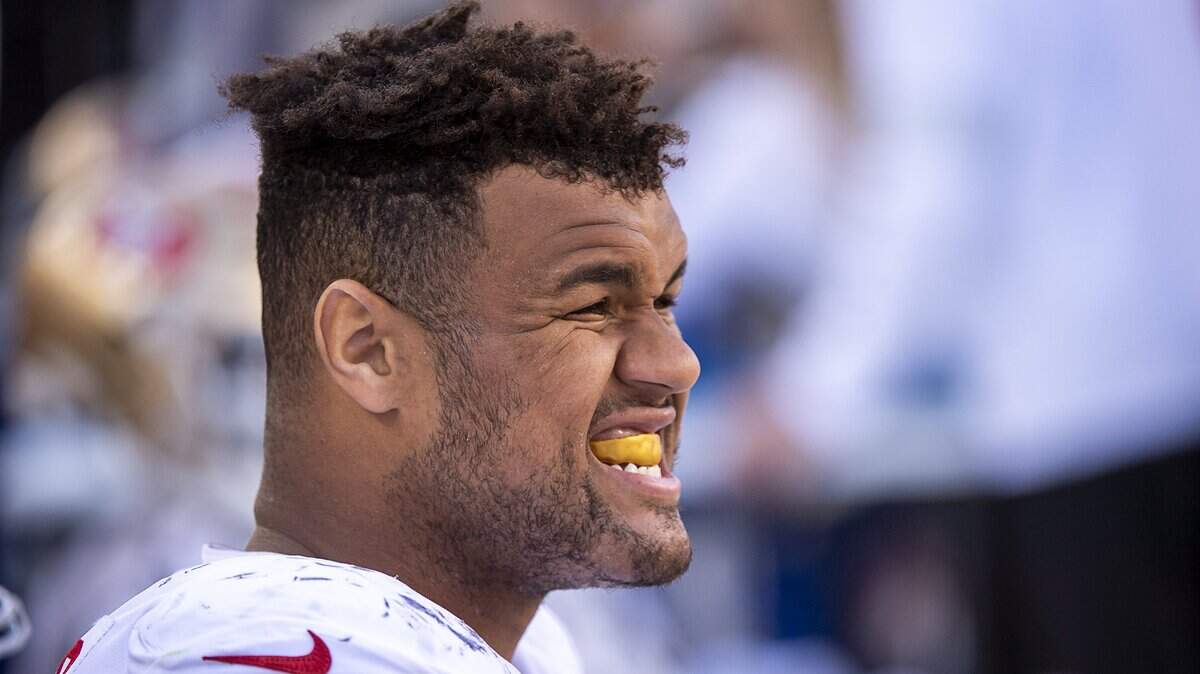 San Francisco 49ers defensive end Arik Armstead (91) watches the game from the sidelines during a game at Levi’s Stadium on Sunday, October 27, 2019 in Santa Clara.