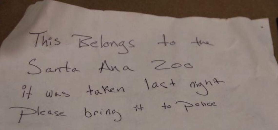 A handwritten note was found with Isaac, a ring-tailed lemur stolen Saturday from the Santa Ana Zoo, when someone dropped him off at a Newport Beach hotel in a plastic crate, authorities say.