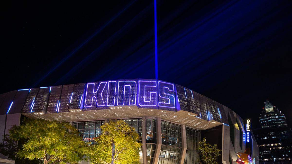 TheSacramento Kings’ laser beam signaling a win shines into the sky after their 153-121 rout over the Brooklyn Nets at the NBA basketball game Tuesday, Nov. 15, 2022, at Golden 1 Center in Sacramento. Nu-Salt Laser out of Folsom designed the display, including the beams seen in the foreground spelling out “Kings” at top of Golden 1 Center.