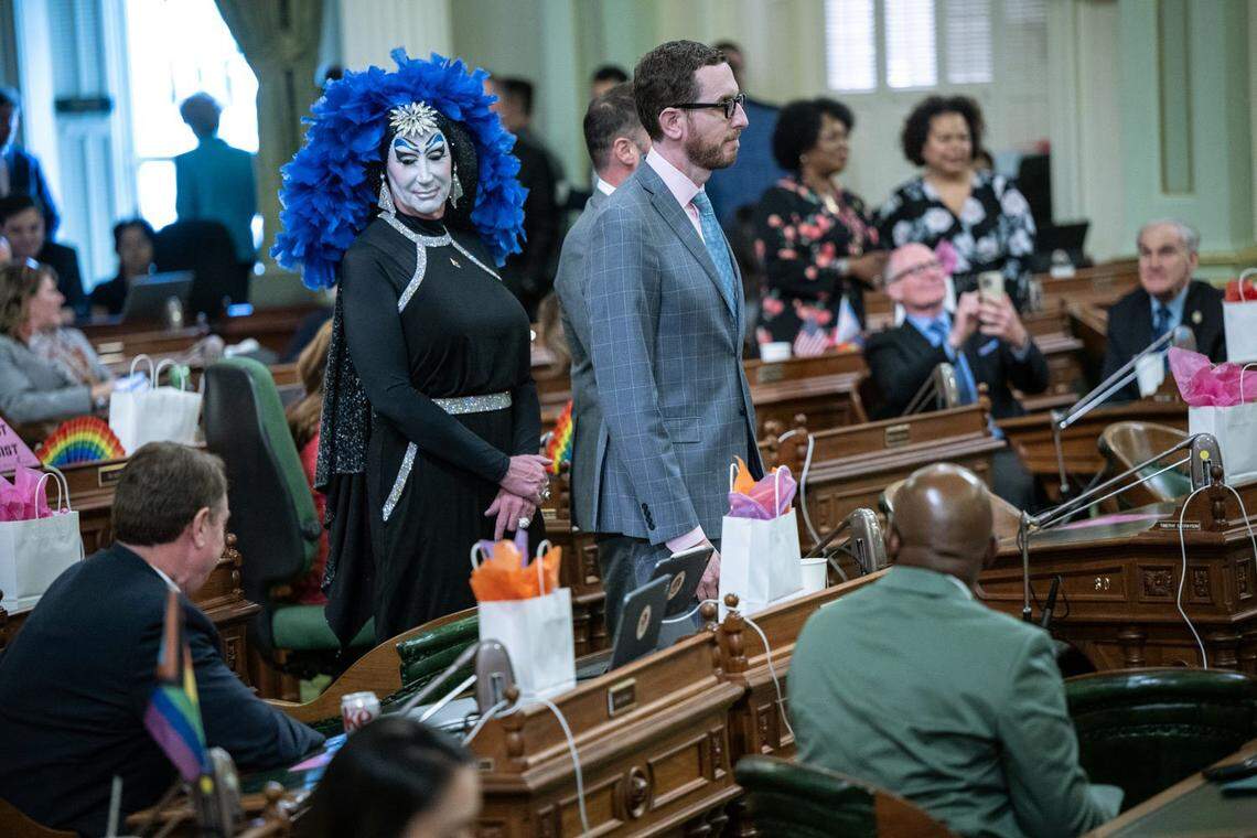 Sister Roma with Sisters of Perpetual Indulgence is escorted by state Sen. Scott Wiener, D-San Francisco, as she was recognized with other members of the LGBTQ community on the Assembly floor on Monday, June 5, 2023, during Pride Month at the State Capitol.