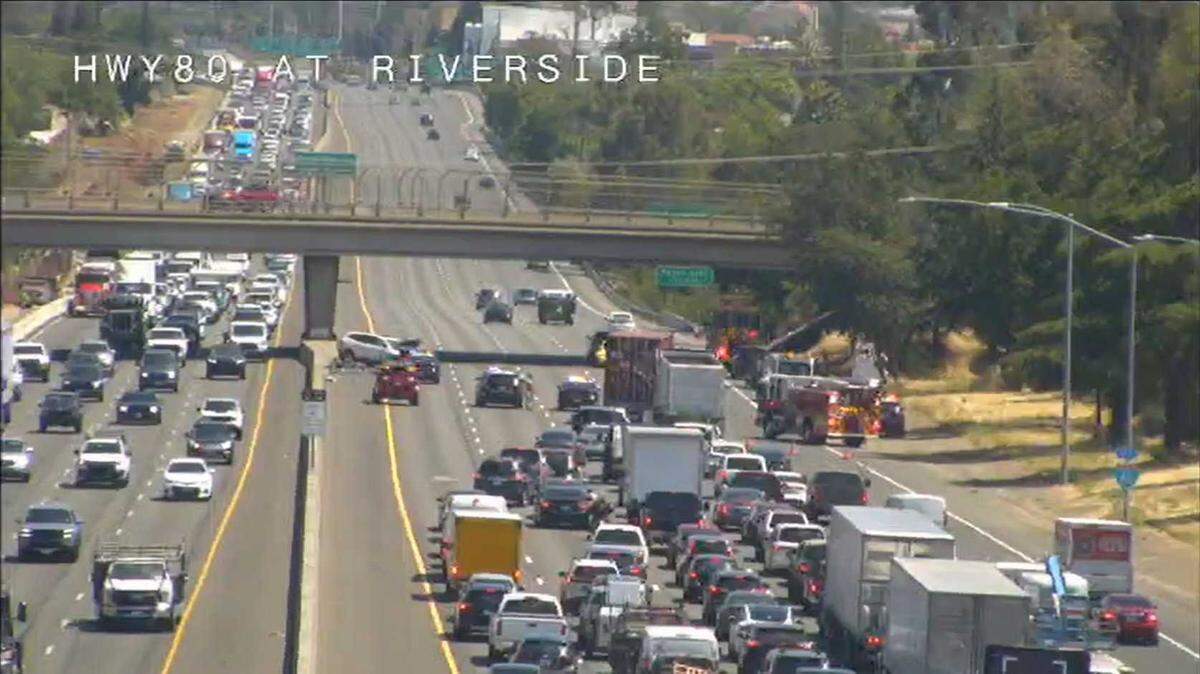 At least two vehicles crashed Tuesday and were blocking traffic on Interstate 80 near Roseville.