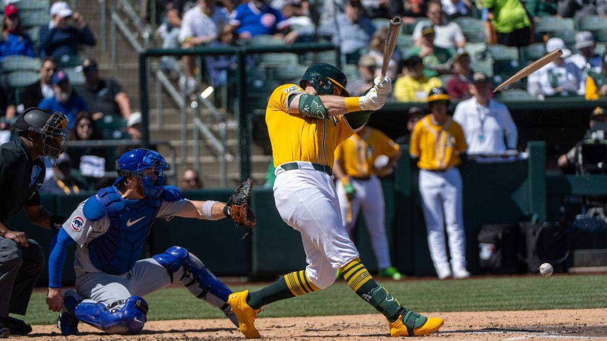 The Athletics’ Seth Brown breaks his bat in the second inning during a game against the Chicago Cubs at Sutter Health Park in West Sacramento on Wednesday.