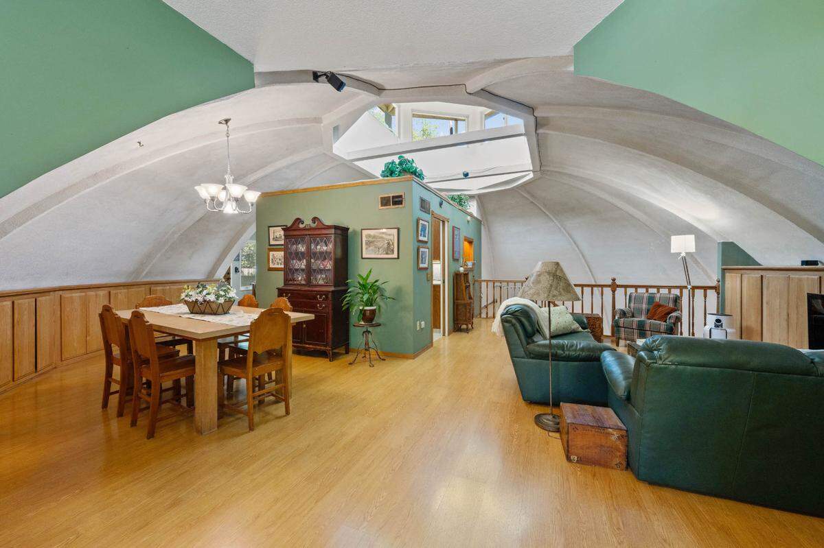 The home spans 2,400 square feet under cathedral ceilings and skylights.