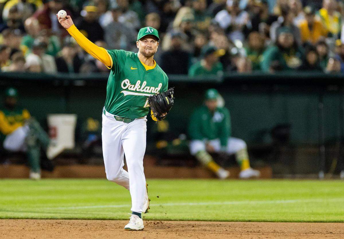 Sep 20, 2024; Oakland, California, USA; Oakland Athletics shortstop Max Schuemann (12) throws to first during the sixth inning against the New York Yankees at Oakland-Alameda County Coliseum. Mandatory Credit: Bob Kupbens-Imagn Images
