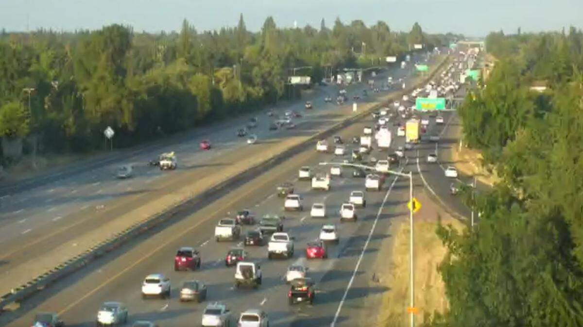 Traffic is congested on eastbound Interstate 80 near Antelope Road in Citrus Heights after a fatal vehicle fire closed the slow lane Monday, July 8, 2019.