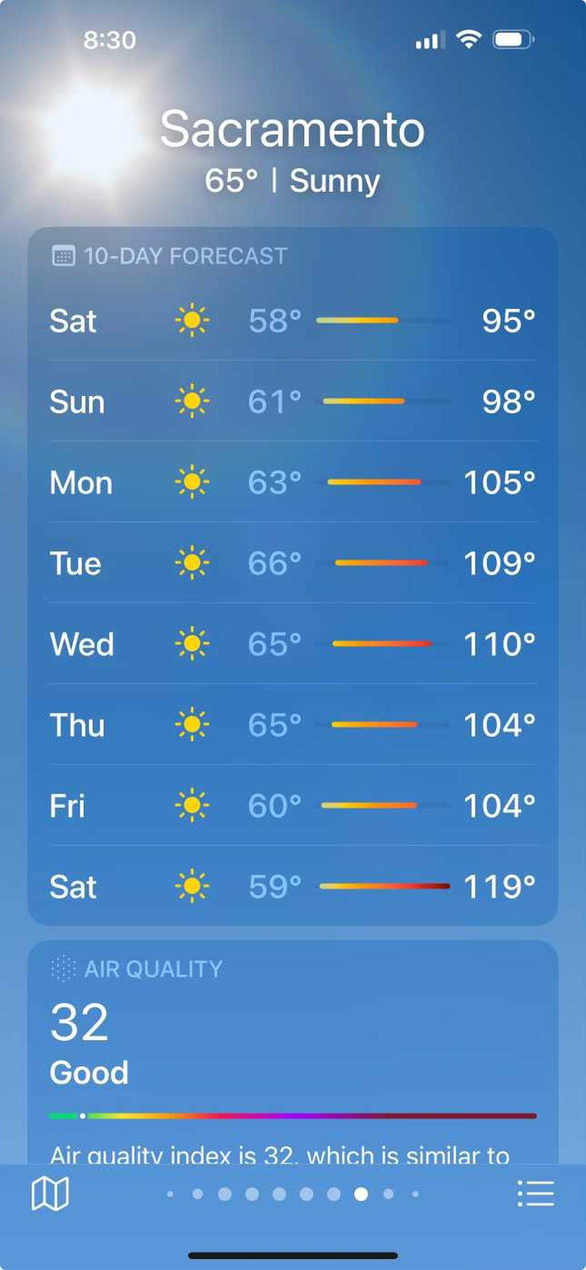 Apple’s weather app predicted a high of 119 degrees on Saturday, June 6, on Thursday morning. Later in the day, the temperature forecast fell by several degrees.