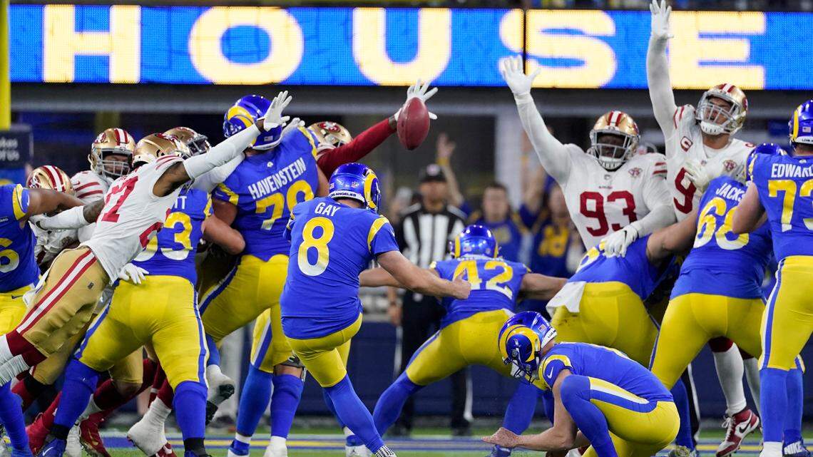 Los Angeles Rams kicker Matt Gay (8) connects on a field goal during the second half of the NFC Championship Game against the San Francisco 49ers on Sunday, Jan. 30, 2022, in Inglewood, California.
