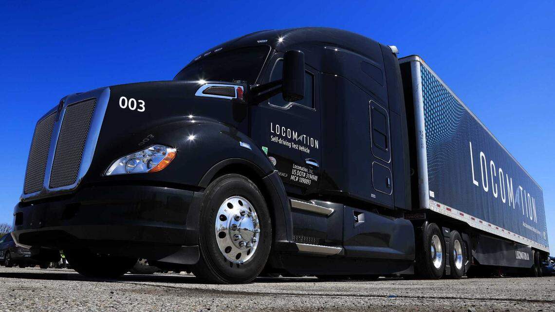 This is a self-driving Locomation truck parked at the Pittsburgh International Airport in Imperial, Pa., in 2020. California is revisiting a statewide rule that prohibits self-driving semi-trucks but two lawmakers want to ensure there is always a driver behind the wheel.