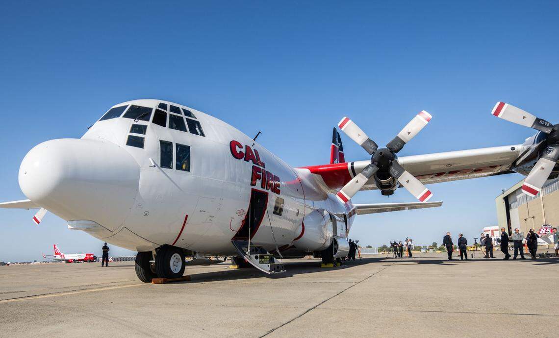 Cal Fire gives a tour of the first of its new C-130H air tankers on Thursday, Aug. 29, 2024, at its aviation headquarters in McClellan Airport. This 1984 airframe is the first of seven planes to be converted.