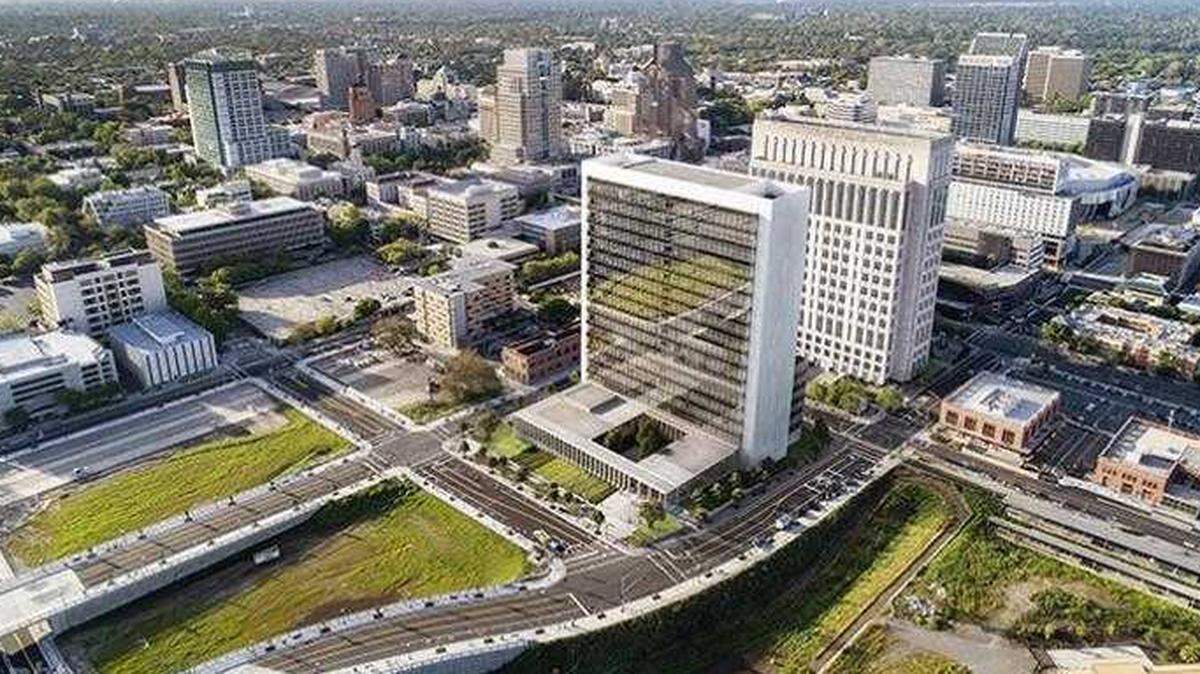 Crews officially broke ground on the $493 million Sacramento County Courthouse, shown in an artist rendering, on Friday, Nov. 20, 2020. The new facilities, which will be erected directly behind the federal Robert Matsui United States Courthouse next to the Railyard development area, is slated to open by the end of 2023.