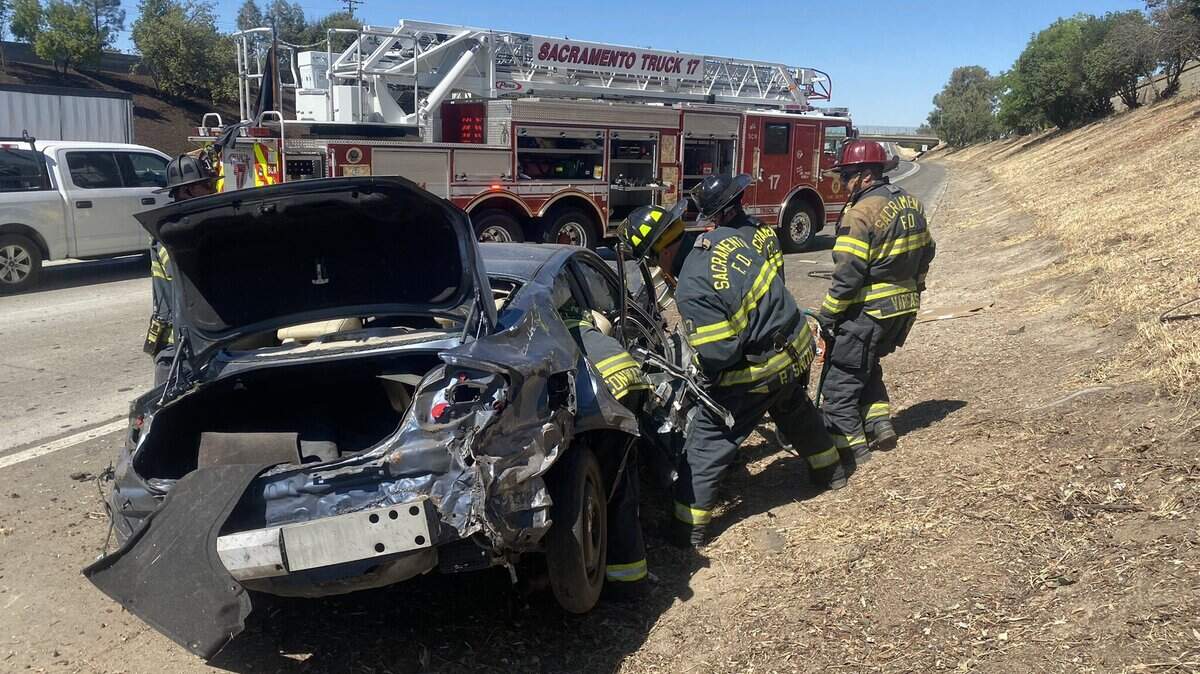 Two occupants of a sedan were extricated and transported to hospitals after a rollover crash Thursday, June 24, 2021, on westbound Interstate 80 near Marsyville Boulevard in Sacramento, California.