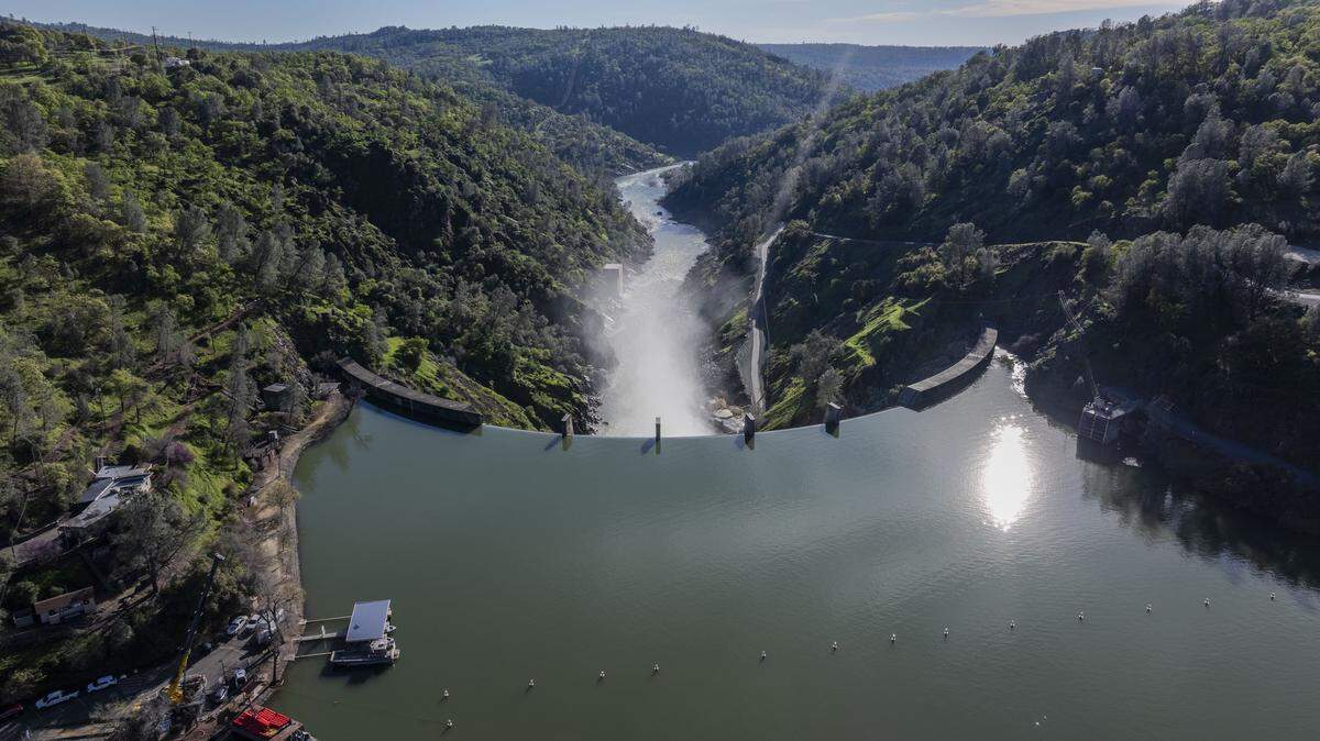 A view of Englebright Lake from above on Tuesday, March 3, 2026, following the large pipe rupture at the New Colgate Powerhouse. Yuba County growers who irrigate from the lower river’s flows may have to rely on groundwater for part of the summer. 