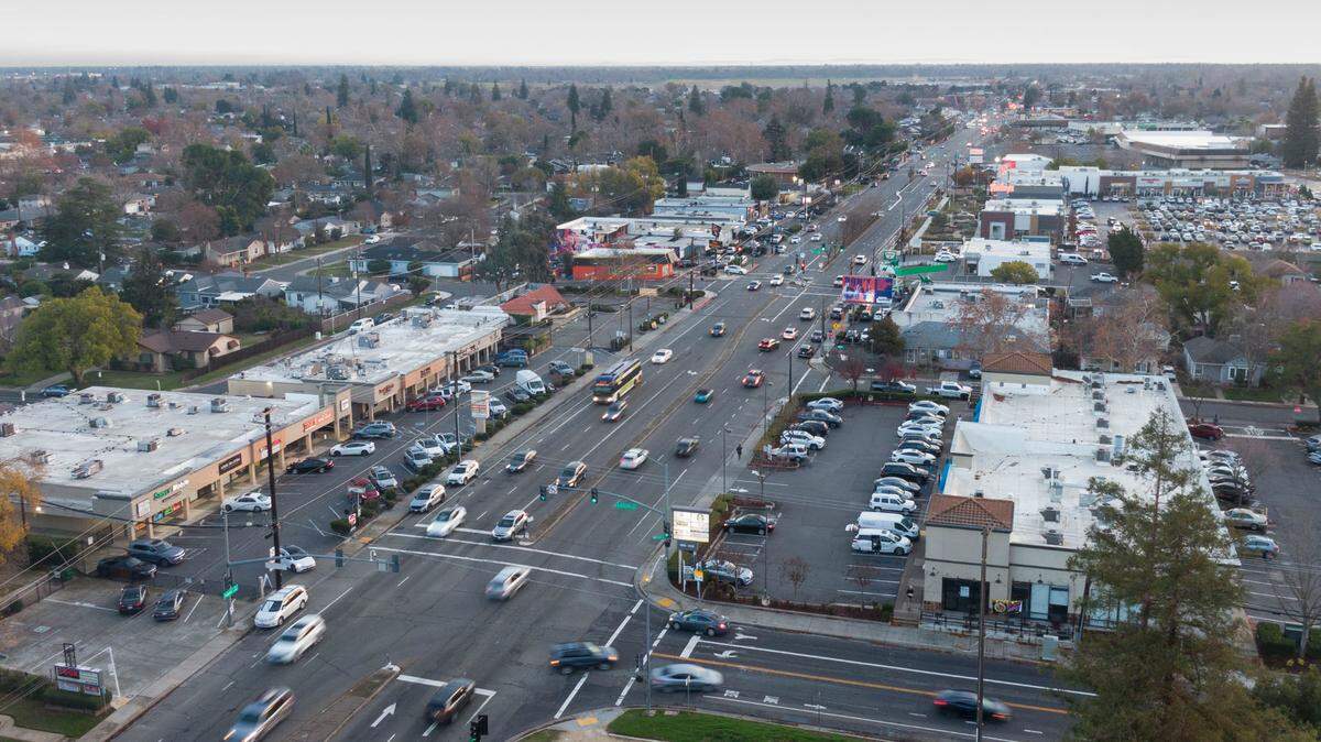 Traffic moves on Freeport Boulevard near William Land Park in Sacramento on Dec. 17, 2024. The city of Sacramento will soon begin to fix dangerous roads with “quick-build” safety projects.