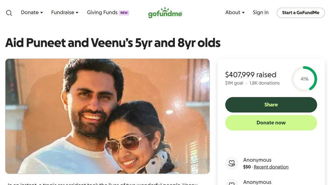 Puneet Singh Sohi and Premjeet “Veenu” Brar are pictured in a GoFundMe drive to raise money for their children. The Roseville couple were killed in a crash along Highway 70 in Yuba County on Friday, July 11, 2025. Their children, ages 5 and 8, were seriously injured in the crash.