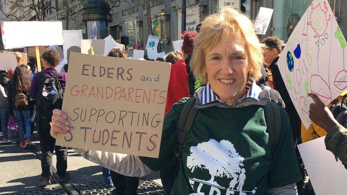 Shirley McGrath, founder of Elders Climate Action’s NorCal chapter, marches at the Global Climate Summit in San Francisco on Sept. 12, 2018.
