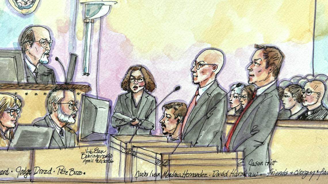 Members of Carlos Ivan Mendoza Hernandez’s family and clergy attend his detention hearing before U.S. District Judge Dale Drozd in Sacramento federal court on Monday, April 20, 2026. The judge ordered Mendoza Hernandez held pending trial after prosecutors objected to an earlier decision to release him.